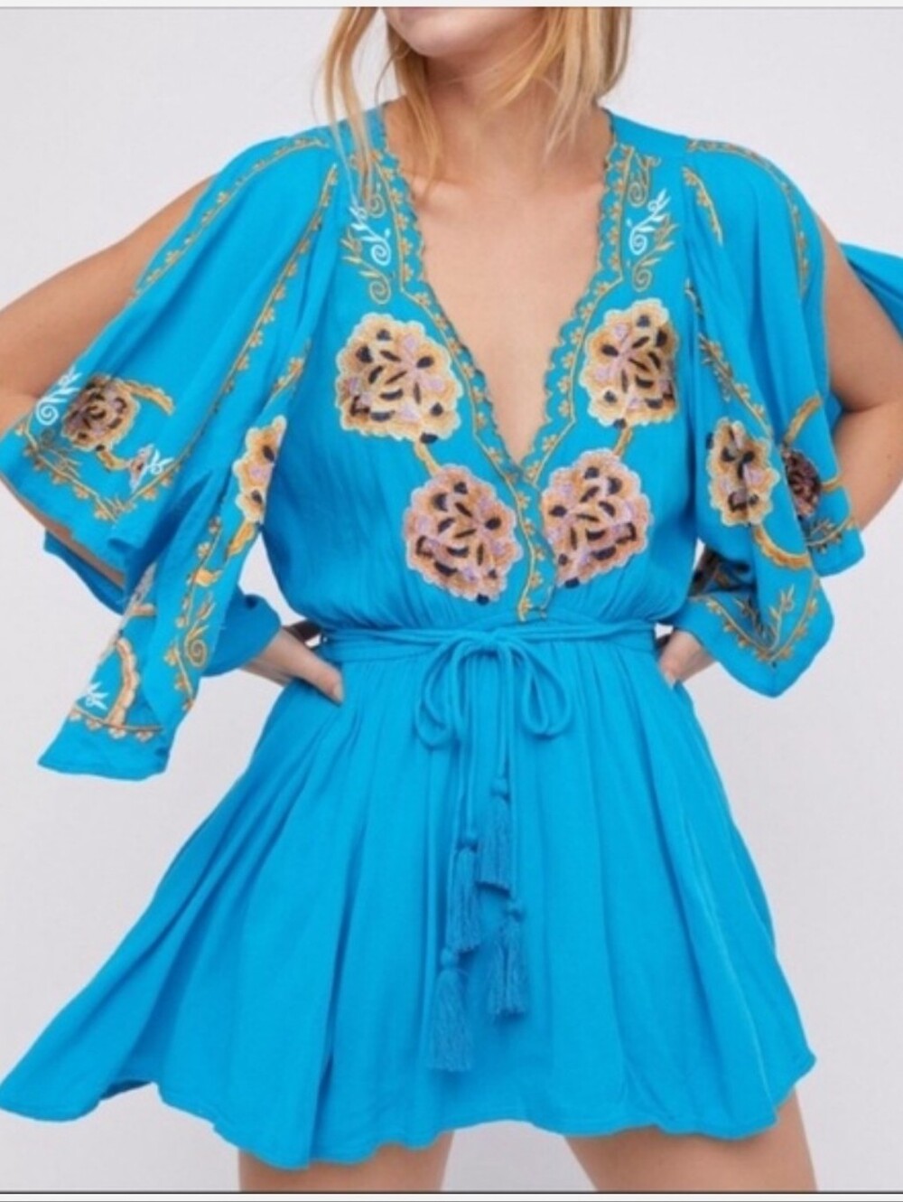 Free People Cora Bright Turquoise Floral Embroidered Mini Dress
